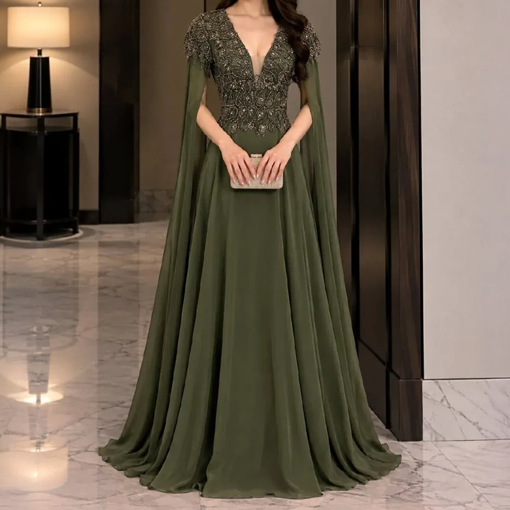 Calissa Store فستان سهرة زيتي مطرز بأكمام كاب