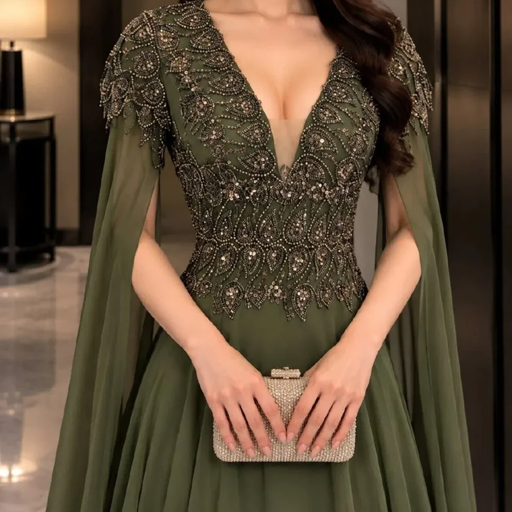 Calissa Store فستان سهرة زيتي مطرز بأكمام كاب
