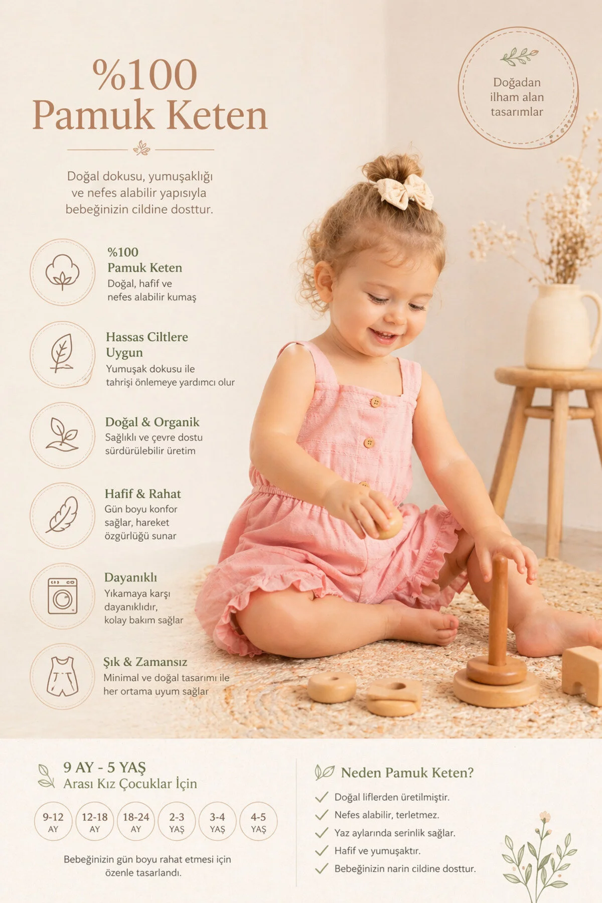Harika KIDS بدلة من قماش الكتان للفتيات الصغيرات 100% قطن