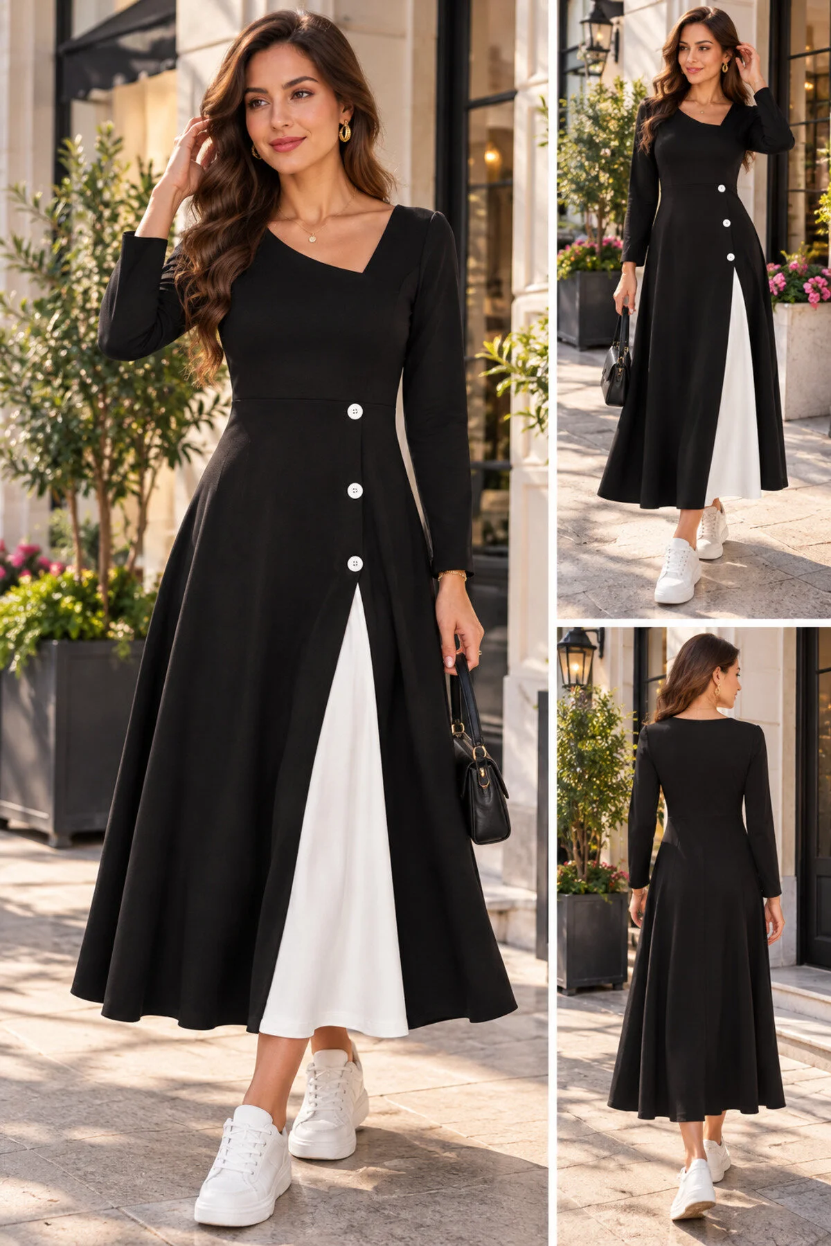 Kokosh moda فستان نسائي أنيق بياقة غير متماثلة وتفاصيل أزرار، أسود وأبيض، متوسط الطول من الفيسكون