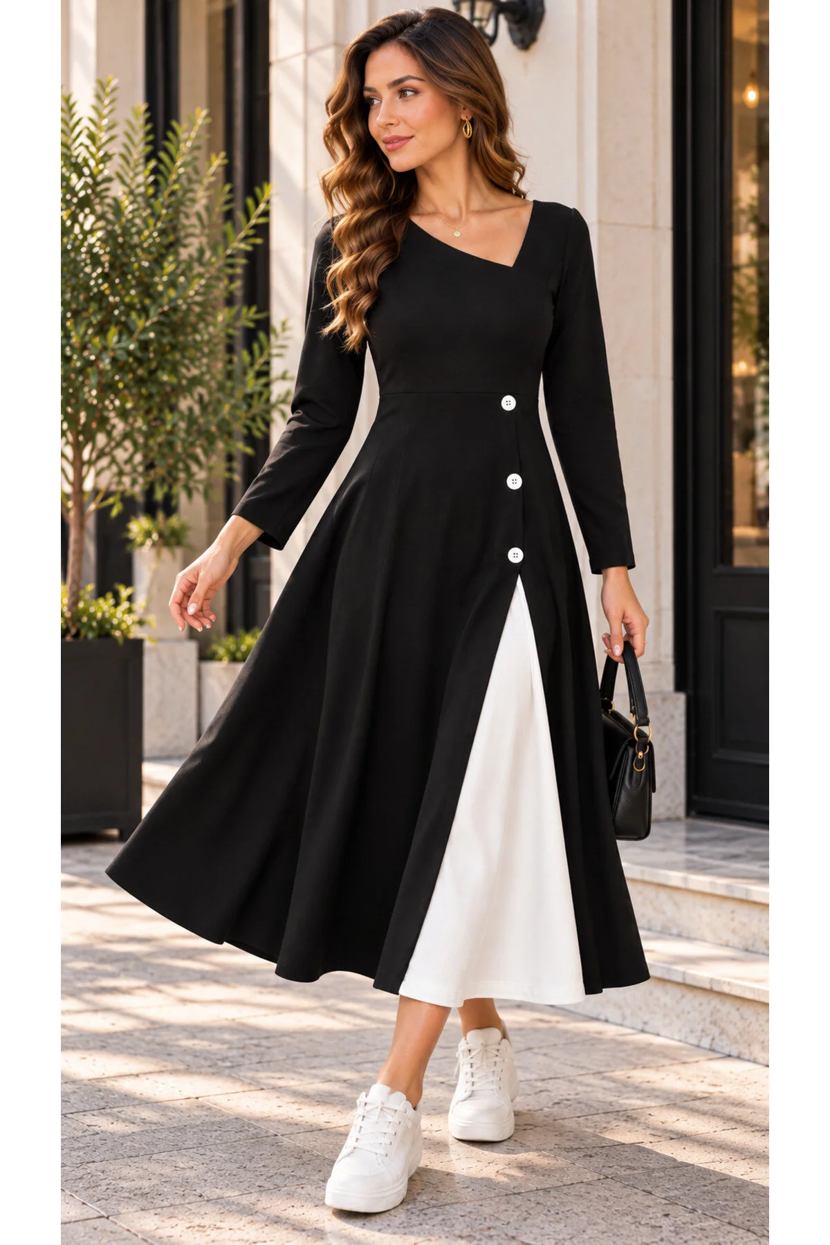 Kokosh moda فستان نسائي أنيق بياقة غير متماثلة وتفاصيل أزرار، أسود وأبيض، متوسط الطول من الفيسكون