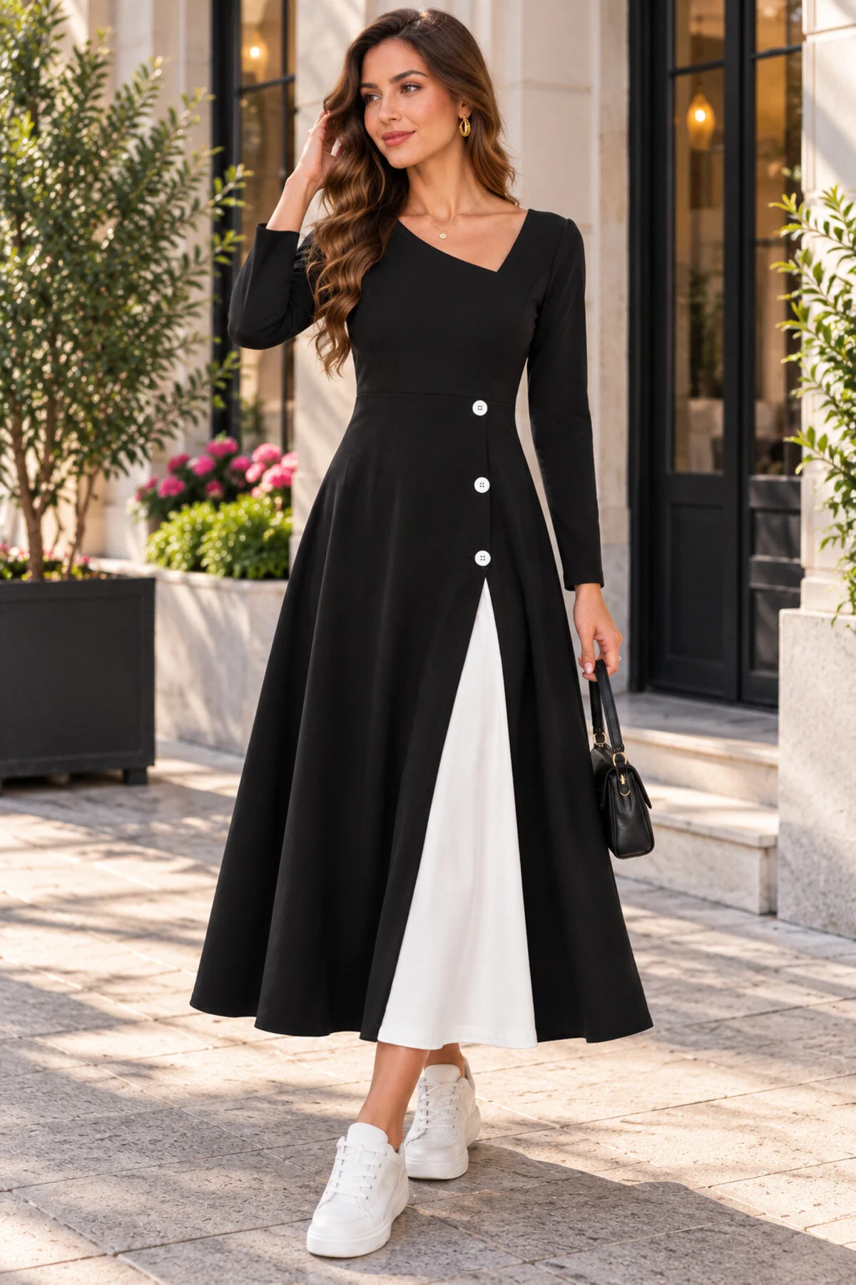 Kokosh moda فستان نسائي أنيق بياقة غير متماثلة وتفاصيل أزرار، أسود وأبيض، متوسط الطول من الفيسكون