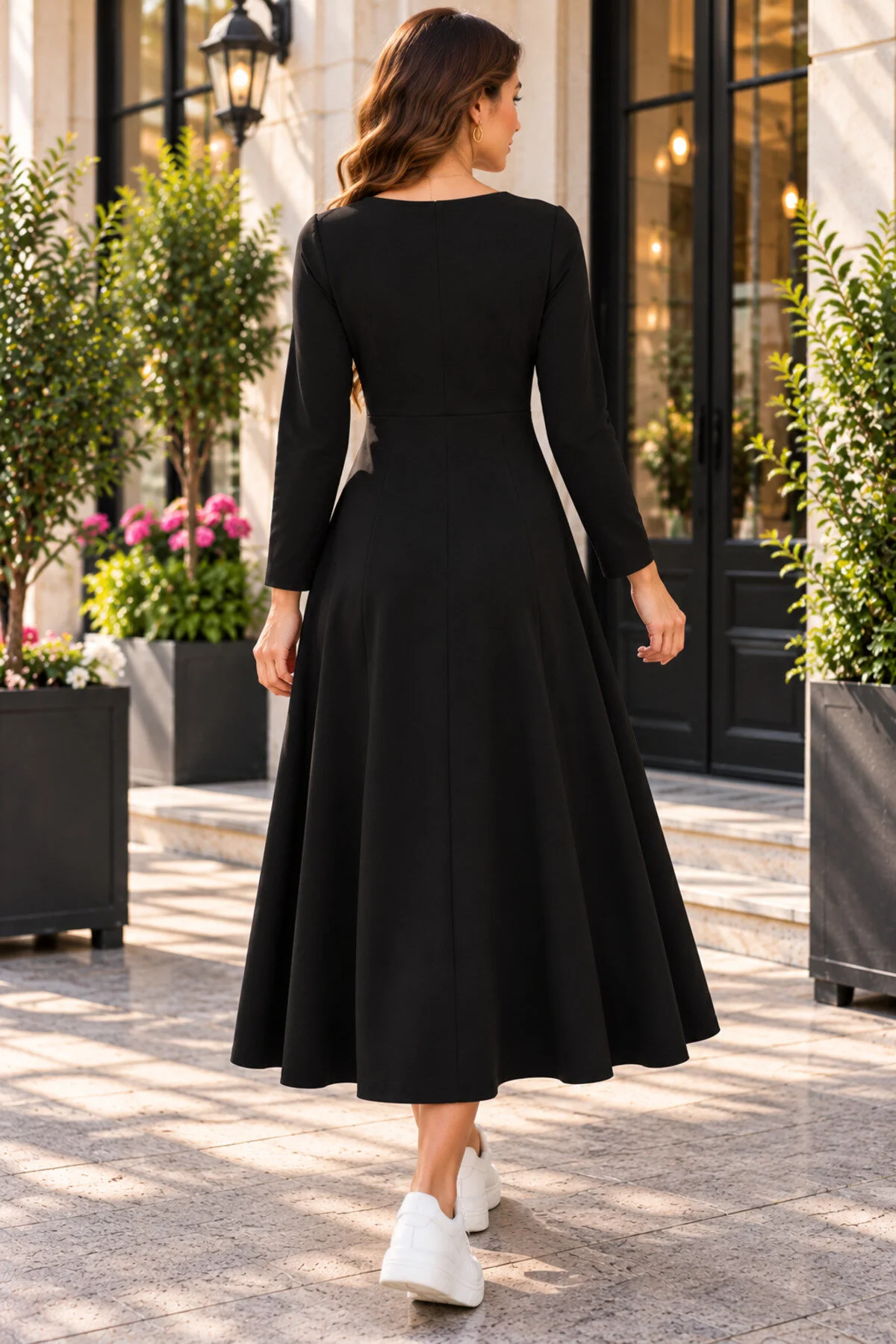 Kokosh moda فستان نسائي أنيق بياقة غير متماثلة وتفاصيل أزرار، أسود وأبيض، متوسط الطول من الفيسكون