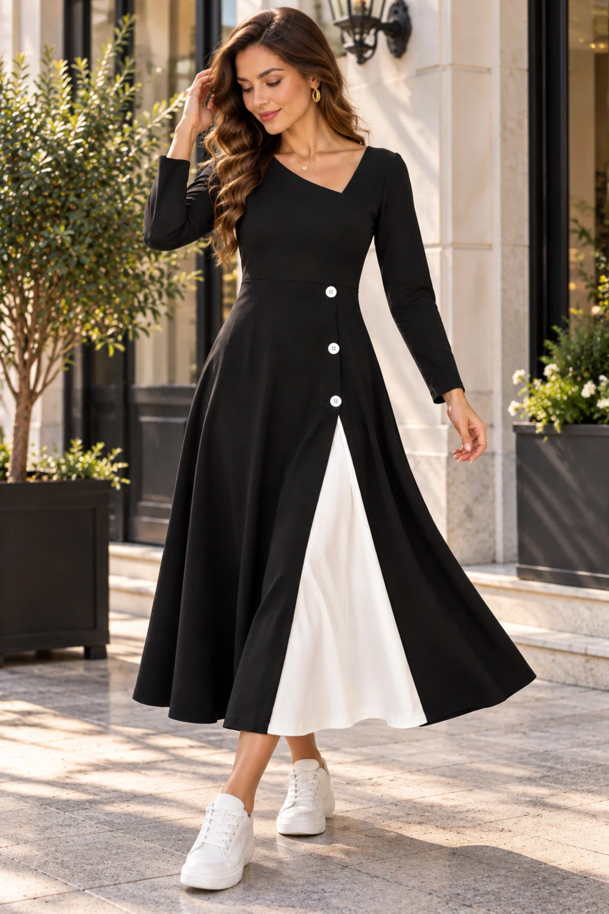 Kokosh moda فستان نسائي أنيق بياقة غير متماثلة وتفاصيل أزرار، أسود وأبيض، متوسط الطول من الفيسكون
